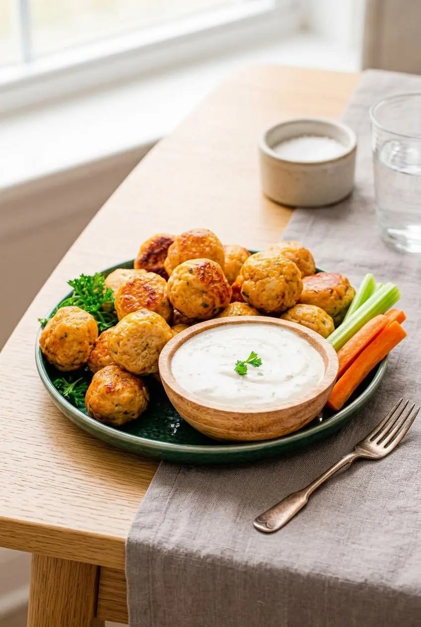 Platter of ranch chicken meatballs served with cool ranch dipping sauce and crisp celery sticks