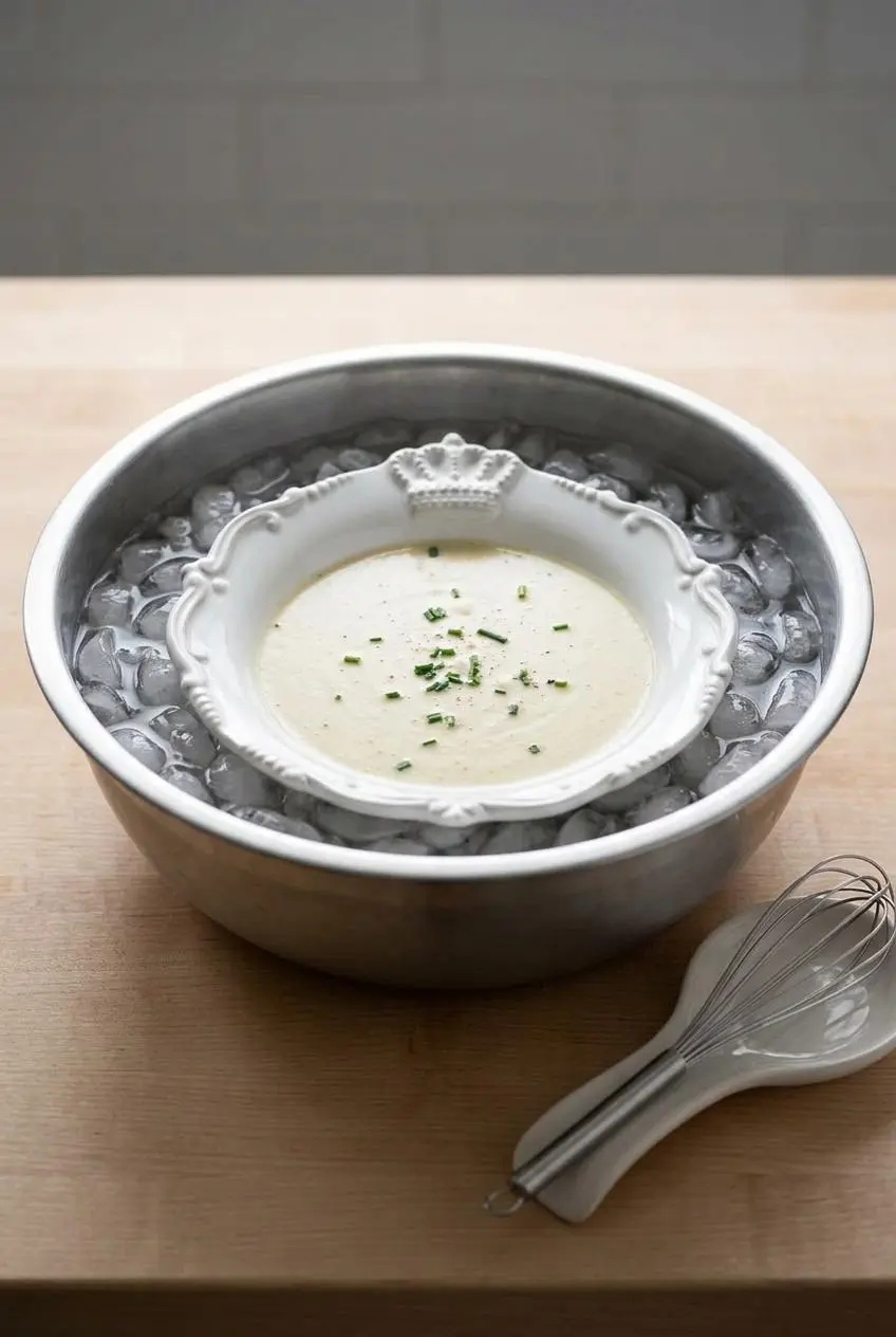 Bowl of fresh potato leek soup cooling rapidly inside a large stainless steel ice water bath.