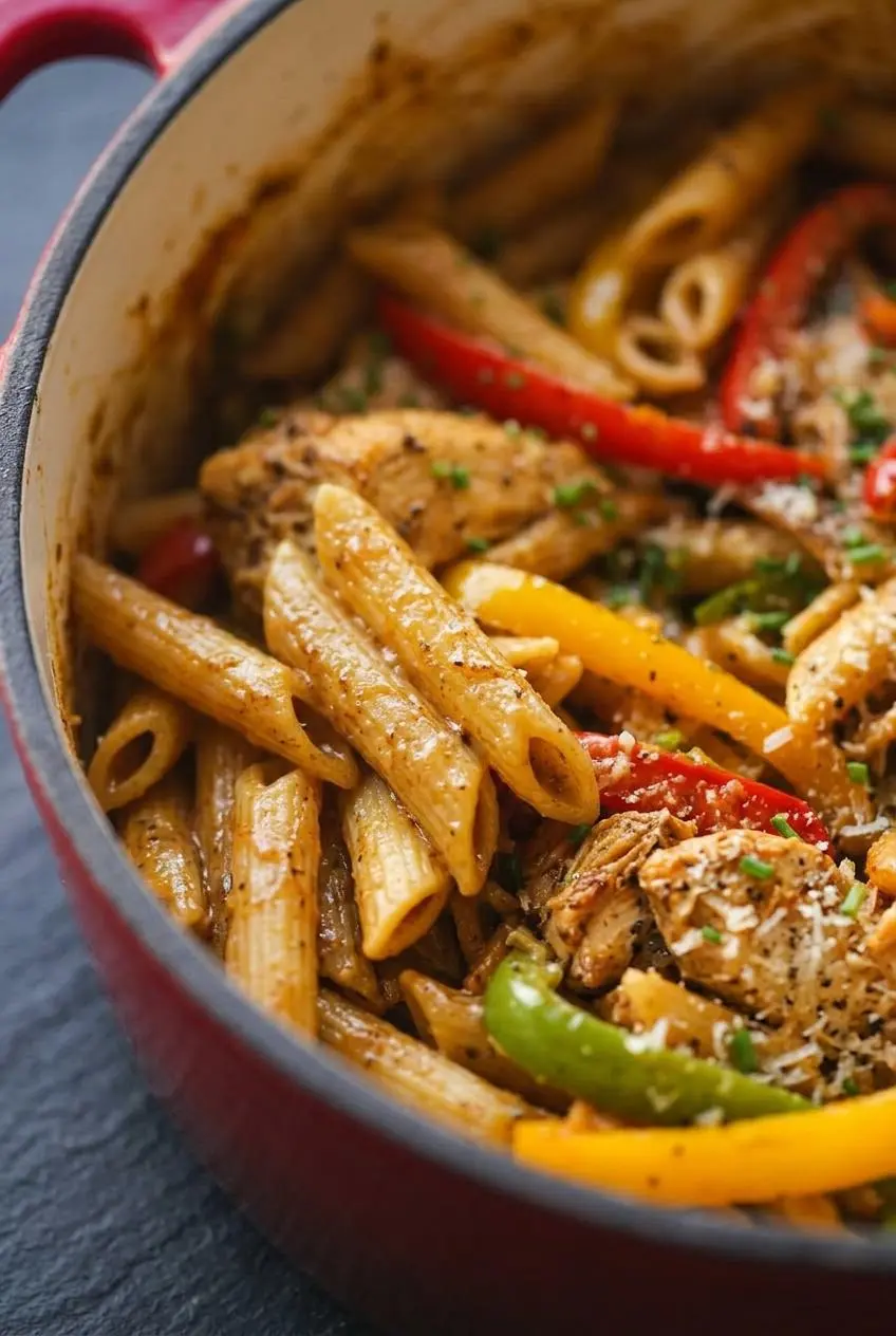 Close-up of glossy jerk cream sauce coating ridged penne pasta and crisp bell pepper strips.