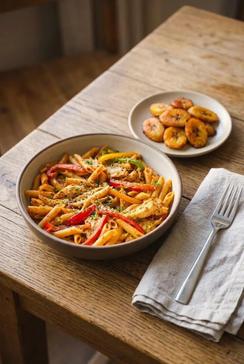 Bowl of jerk chicken rasta pasta served on a dining table with fried ripe plantains.