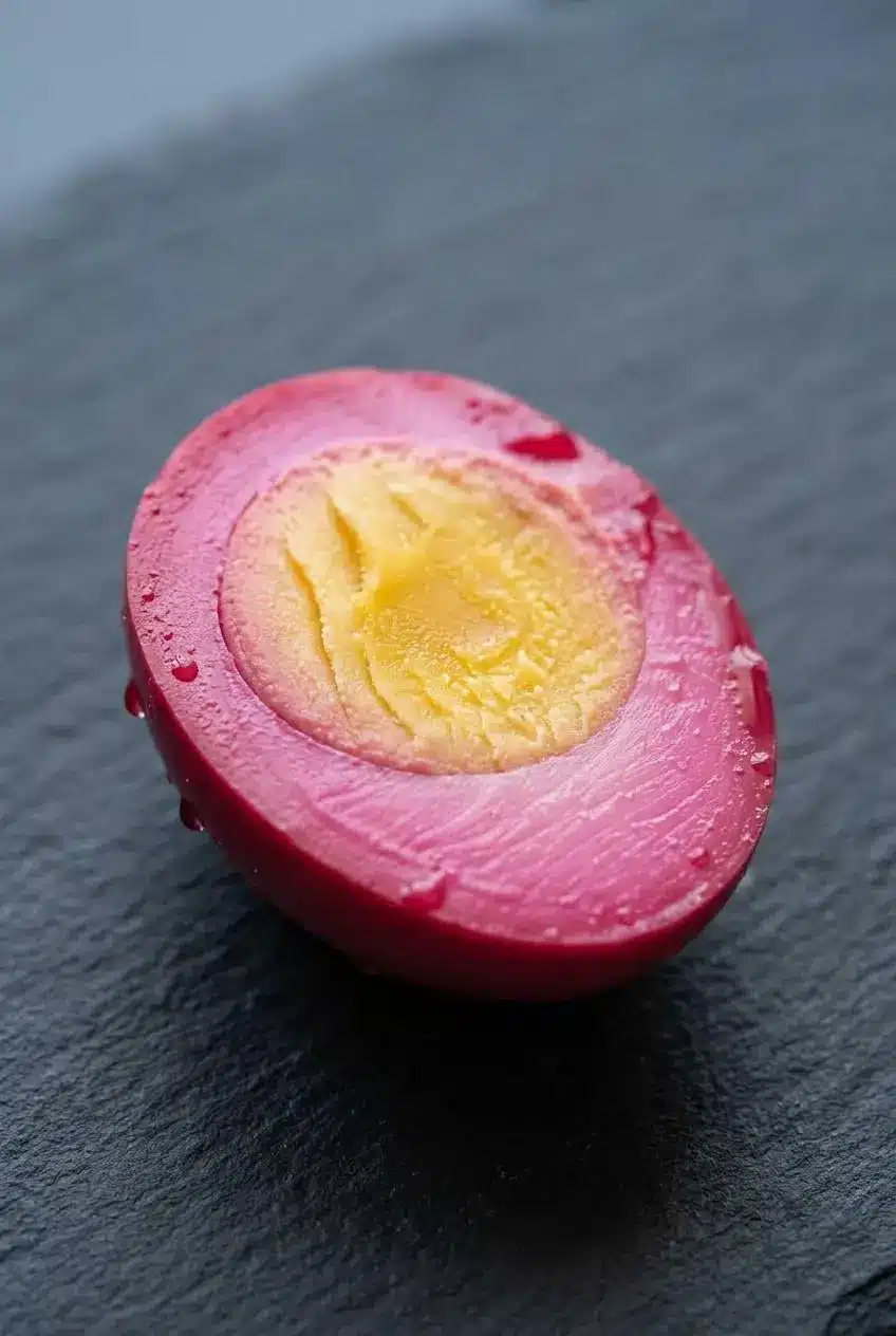 Halved pickled egg on dark slate showing a magenta brine ring penetrating toward the creamy yellow yolk.