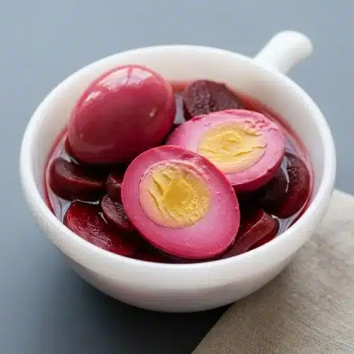 Red beet eggs recipe featuring hard-boiled eggs steeped in deep ruby pickling brine with sliced beets.