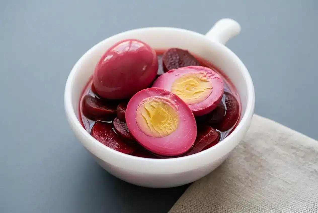 Red beet eggs recipe featuring hard-boiled eggs steeped in deep ruby pickling brine with sliced beets.