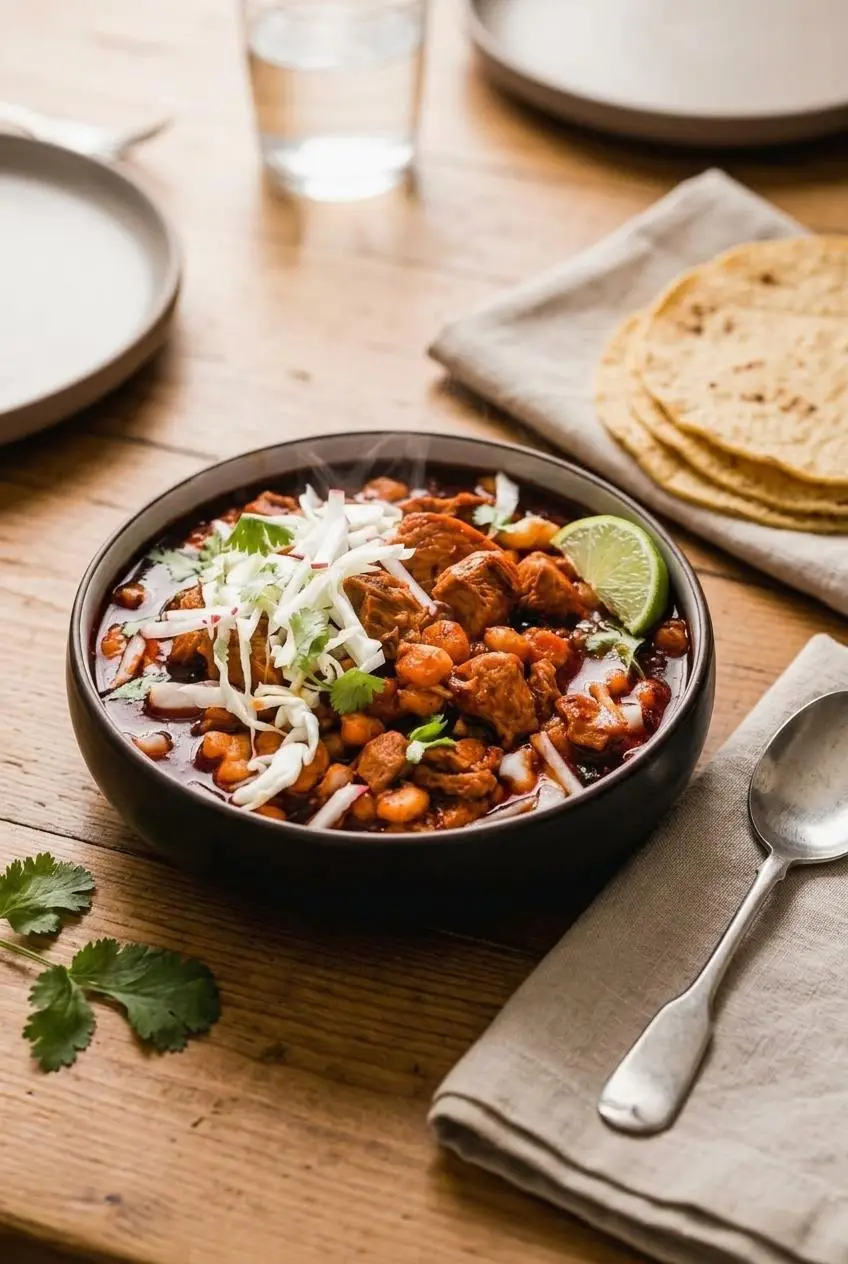 Bowl of red pozole served with shredded cabbage, sliced radishes, lime, and warm corn tortillas.
