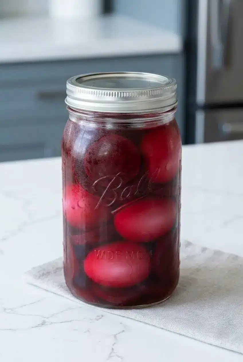 Glass jar filled with hard-boiled eggs submerged in dark red beet brine on a quartz countertop.