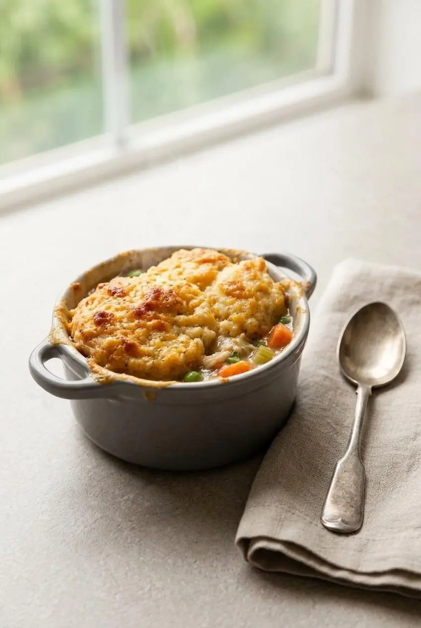 Individual serving of reheated chicken pot pie with a crisp golden cheddar biscuit in a ceramic dish.