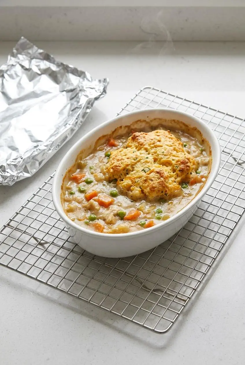 Reheated individual portion of chicken cobbler in a ceramic baking dish on a wire rack.