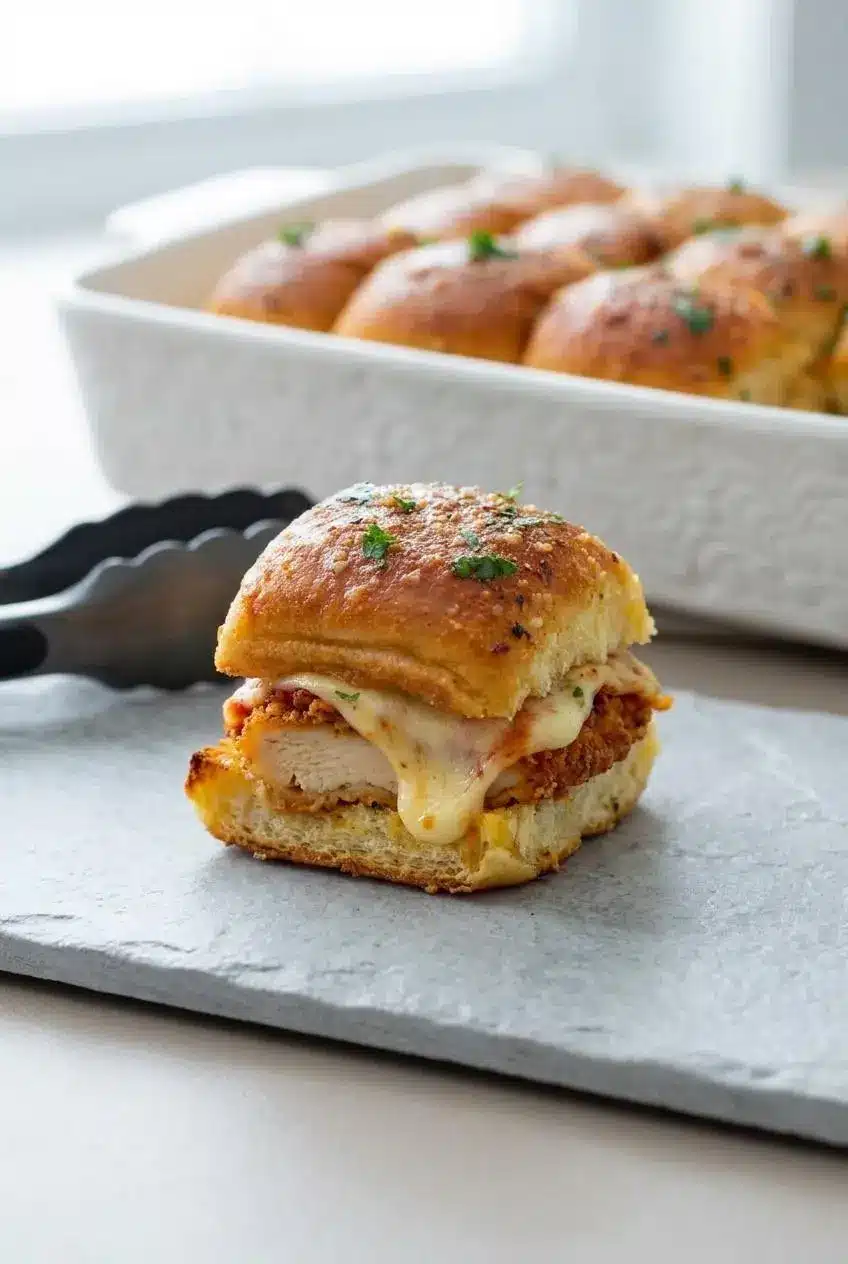 Reheated chicken parmesan slider with melted mozzarella and toasted roll on a wire cooling rack.