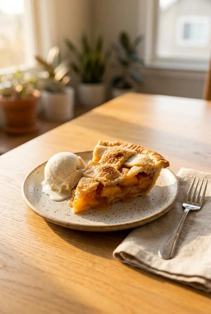 Warm slice of reheated peach pie served on stoneware with melting vanilla bean ice cream.