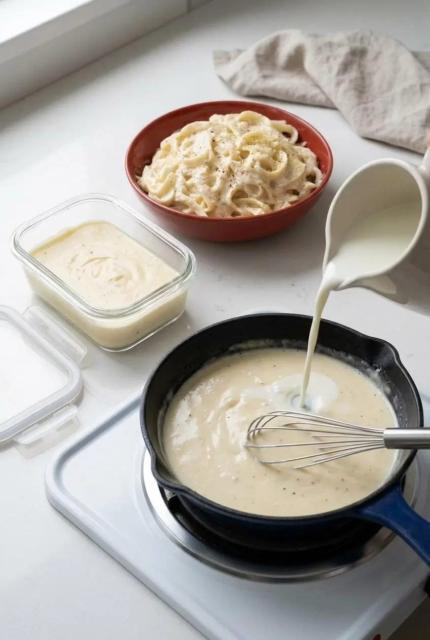 Reheating chilled alfredo sauce in a skillet with a splash of milk next to a glass storage container.