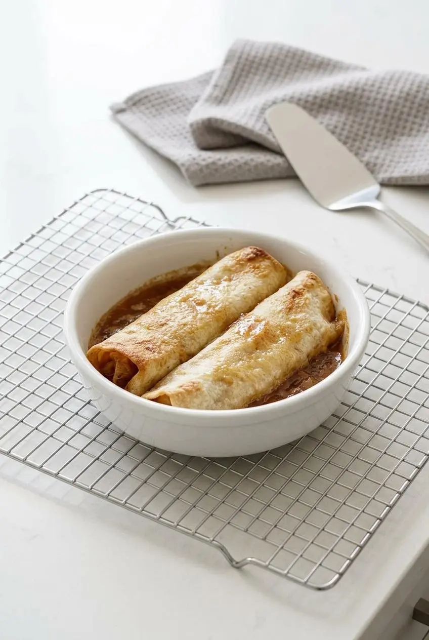 Reheated apple pie enchiladas in a white ceramic baking dish set on a wire cooling rack.