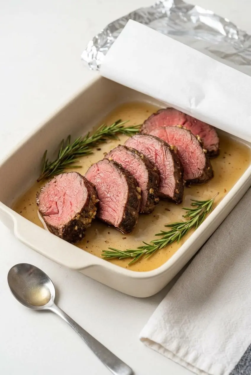 Sliced beef tenderloin arranged in a baking dish with beef broth for gentle low-temperature oven reheating.