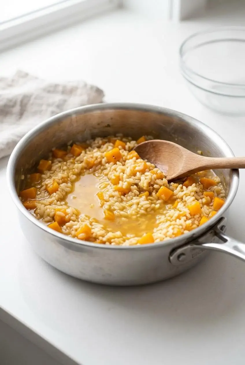 Reheating chilled butternut squash risotto in a stainless steel pan with warm vegetable broth.