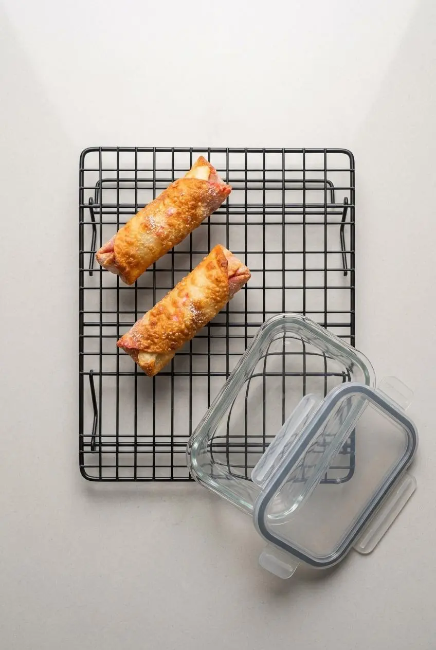 Two cherry cheesecake egg rolls spaced on an air fryer rack beside a glass food container.