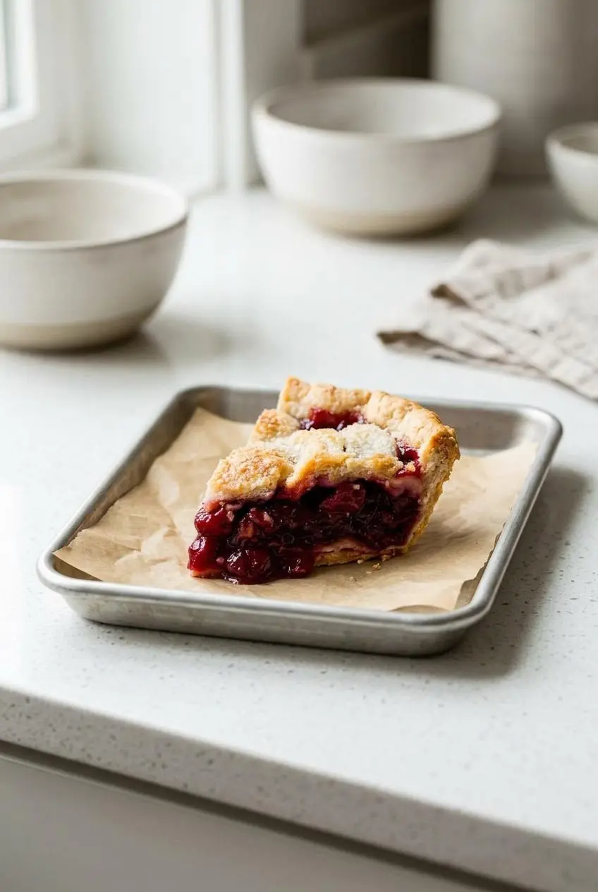 Chilled slice of cherry pie set on a parchment-lined baking sheet ready for warming.