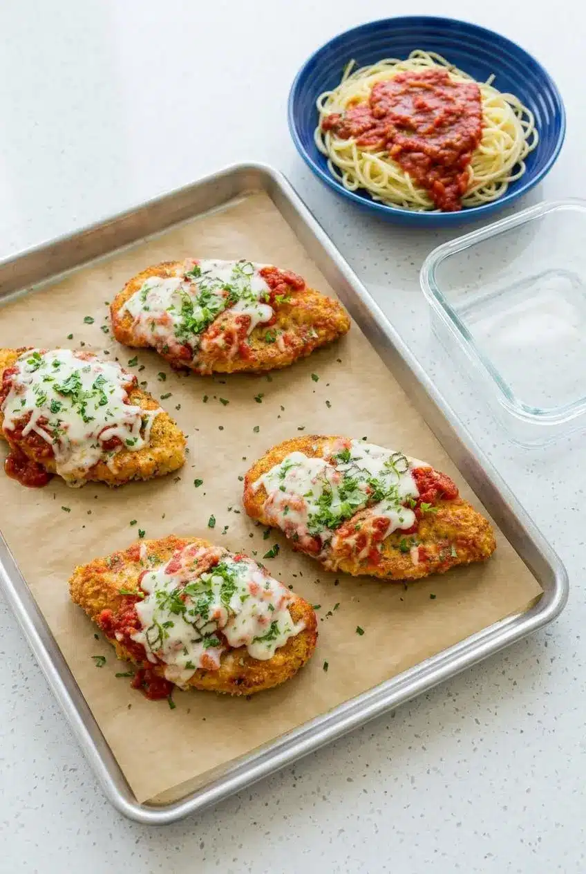 Chicken parmesan cutlets spaced on a parchment-lined baking sheet next to an airtight glass container.