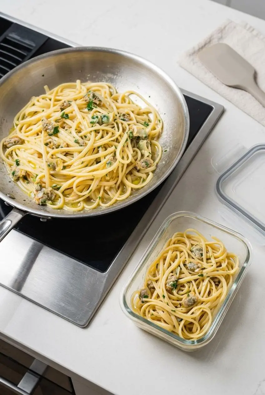 Skillet gently reheating leftover clam linguine on low heat next to a glass storage container.