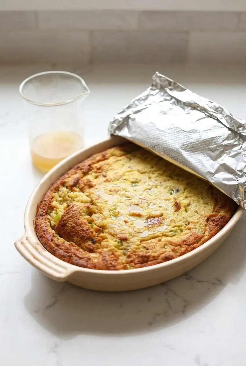 Pre-baked cornbread dressing in a baking dish splashed with broth and tented with foil for reheating.