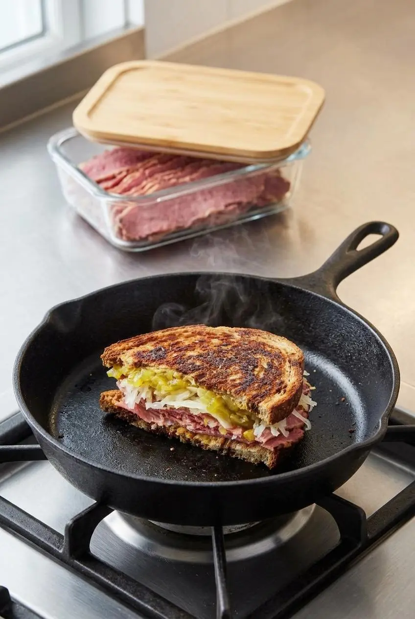 Reheating a corned beef sandwich half in a dry cast iron skillet beside prepped meat in a glass container.