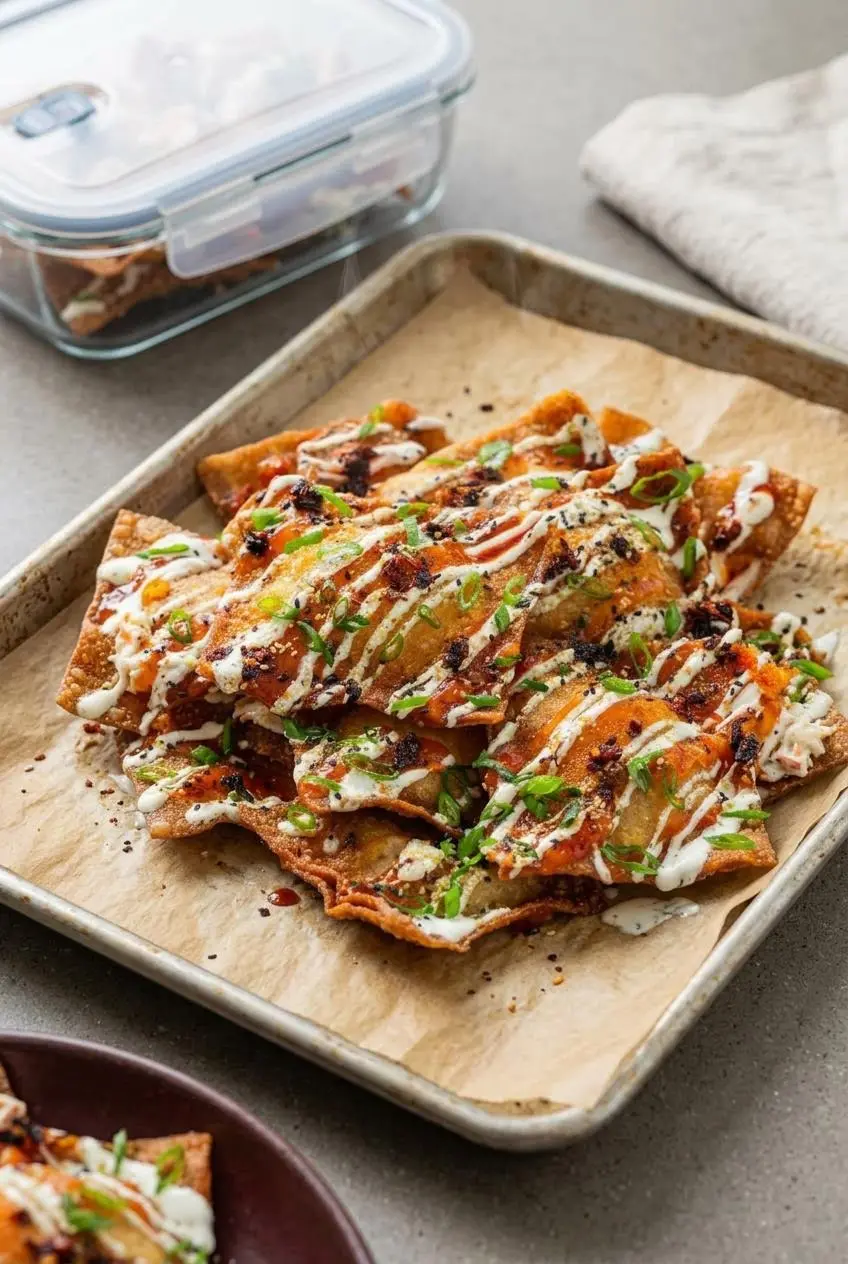Reheating wontons on a baking sheet with prepped crab rangoon filling stored in an airtight container.