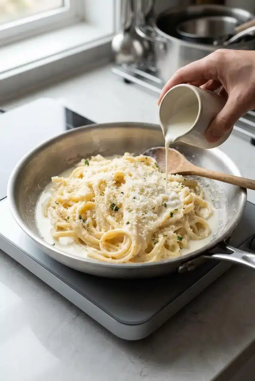 Skillet of leftover creamy garlic pasta being gently reheated with a splash of milk over low heat.