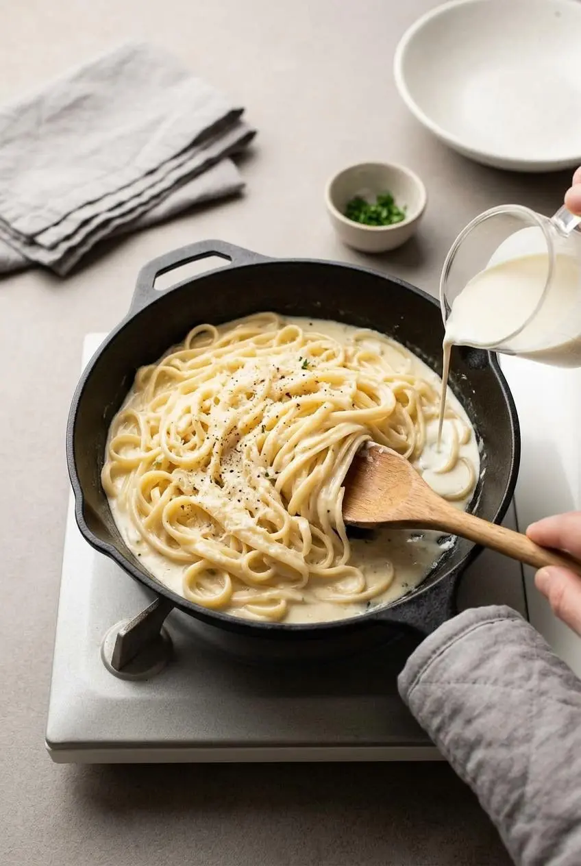 Reheating leftover garlic cream pasta in a skillet with a splash of liquid.