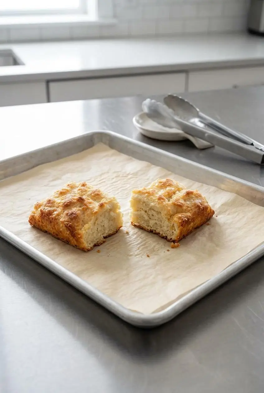 Reheated biscuit squares on a parchment-lined baking sheet showing crisp outer edges.