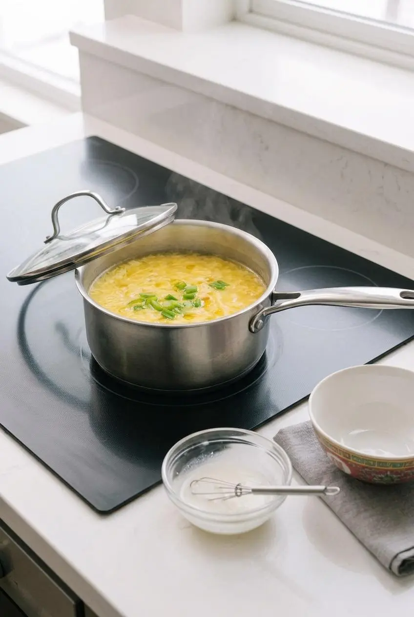 Small saucepan warming egg drop soup over low heat with a bowl of cornstarch slurry nearby.