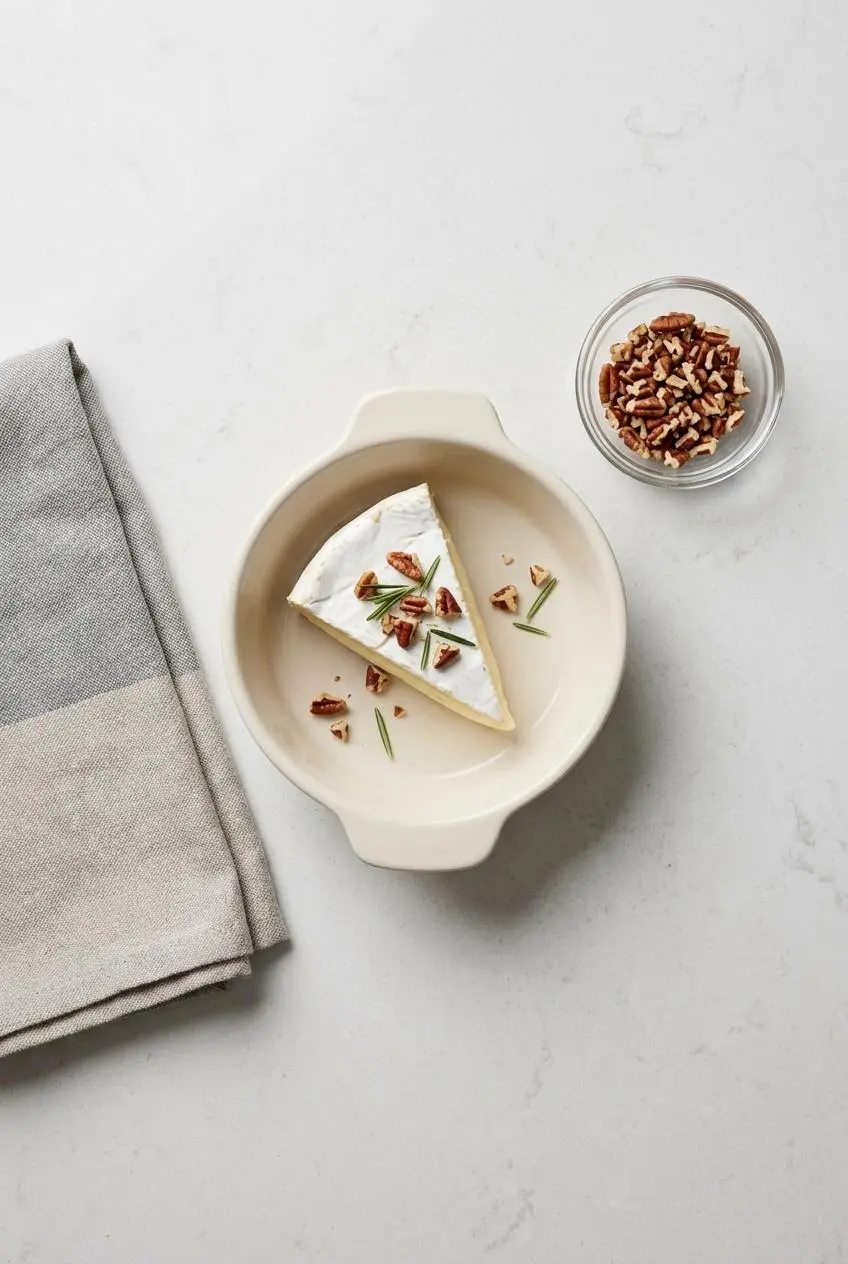 Leftover brie portion in an oven-safe baking dish beside a ramekin of toasted pecans for reheating.