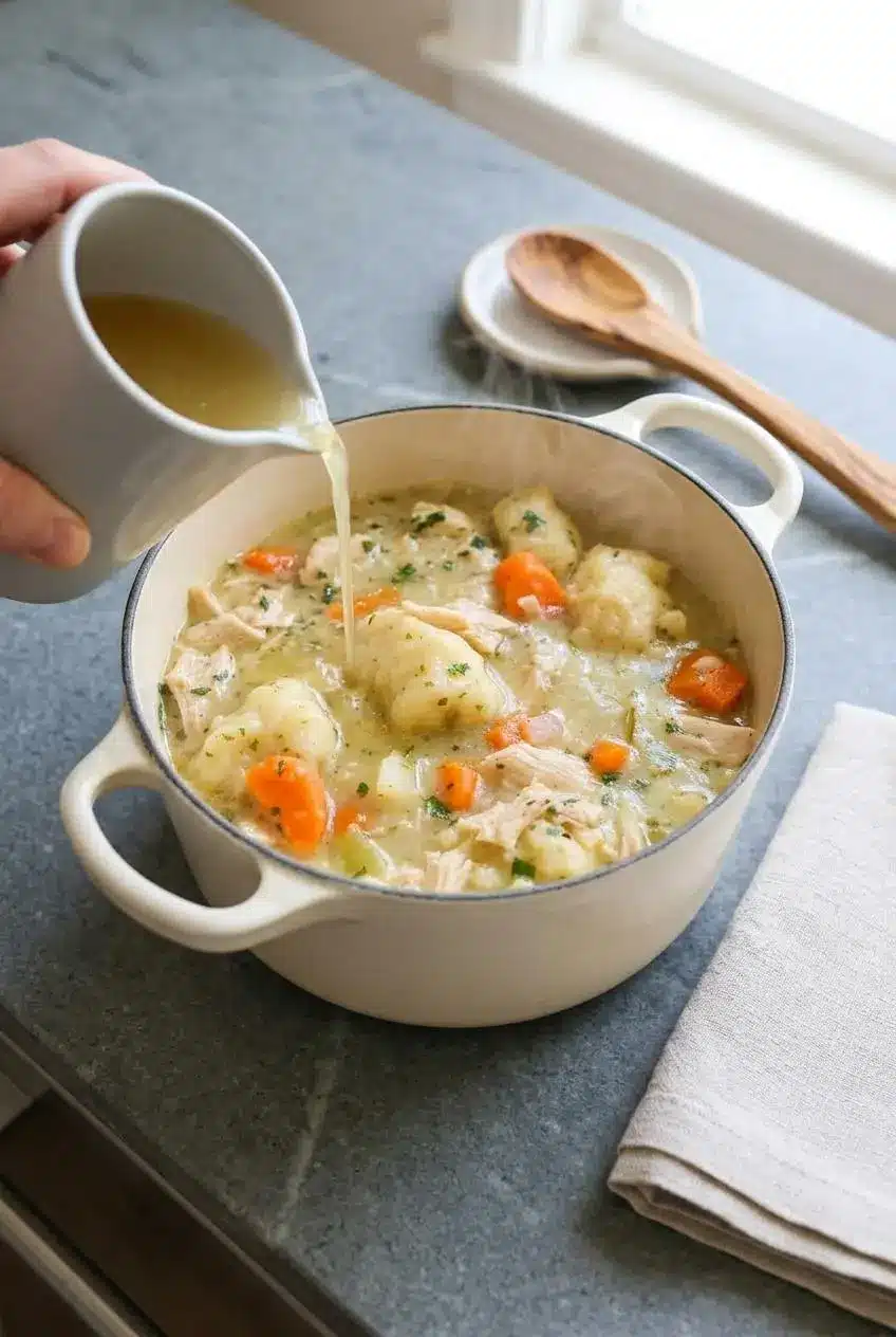 Reheating leftover chicken dumpling soup in a saucepan while adding fresh broth to loosen the liquid.