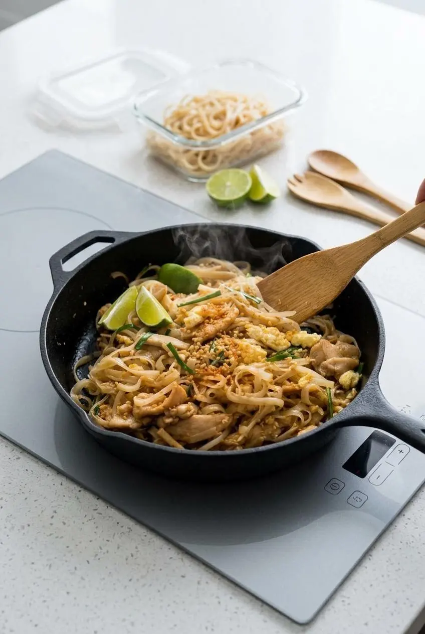 Reheating leftover chicken pad thai in a warm nonstick skillet with a wooden spatula and a splash of water.