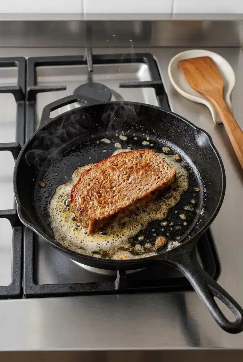 Leftover meatloaf slice searing in melted butter inside a cast-iron skillet.