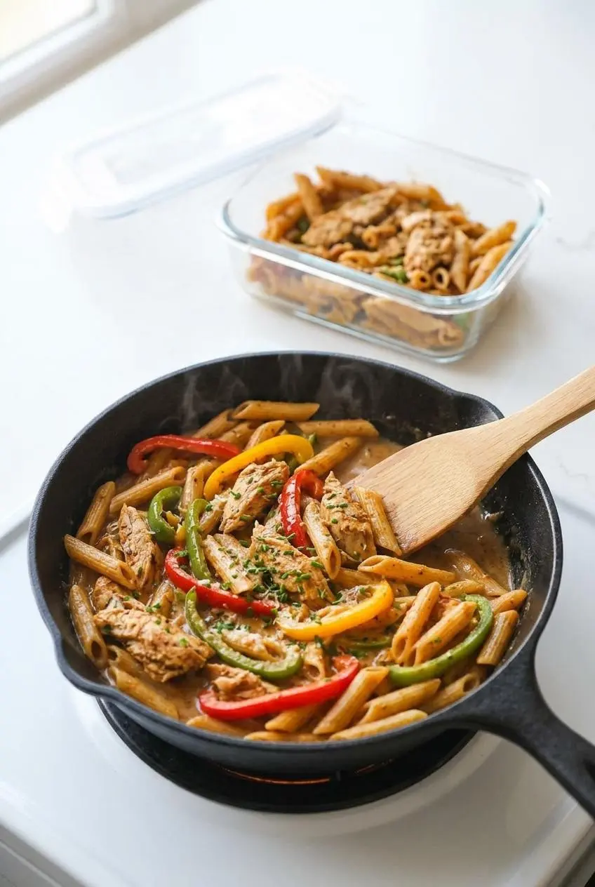 Reheating leftover rasta pasta in a skillet with broth beside a glass storage container.