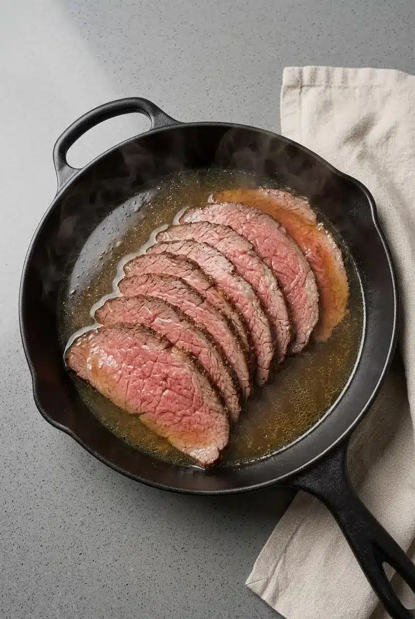 Slices of leftover roast beef warming gently in a skillet with shallow beef broth.