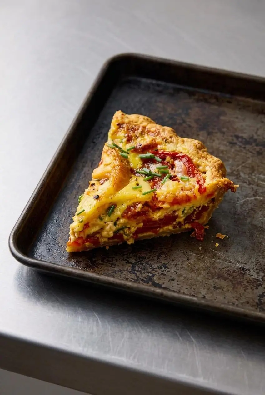Single wedge of leftover tomato pie warming on a dark baking sheet to restore the crisp bottom crust.