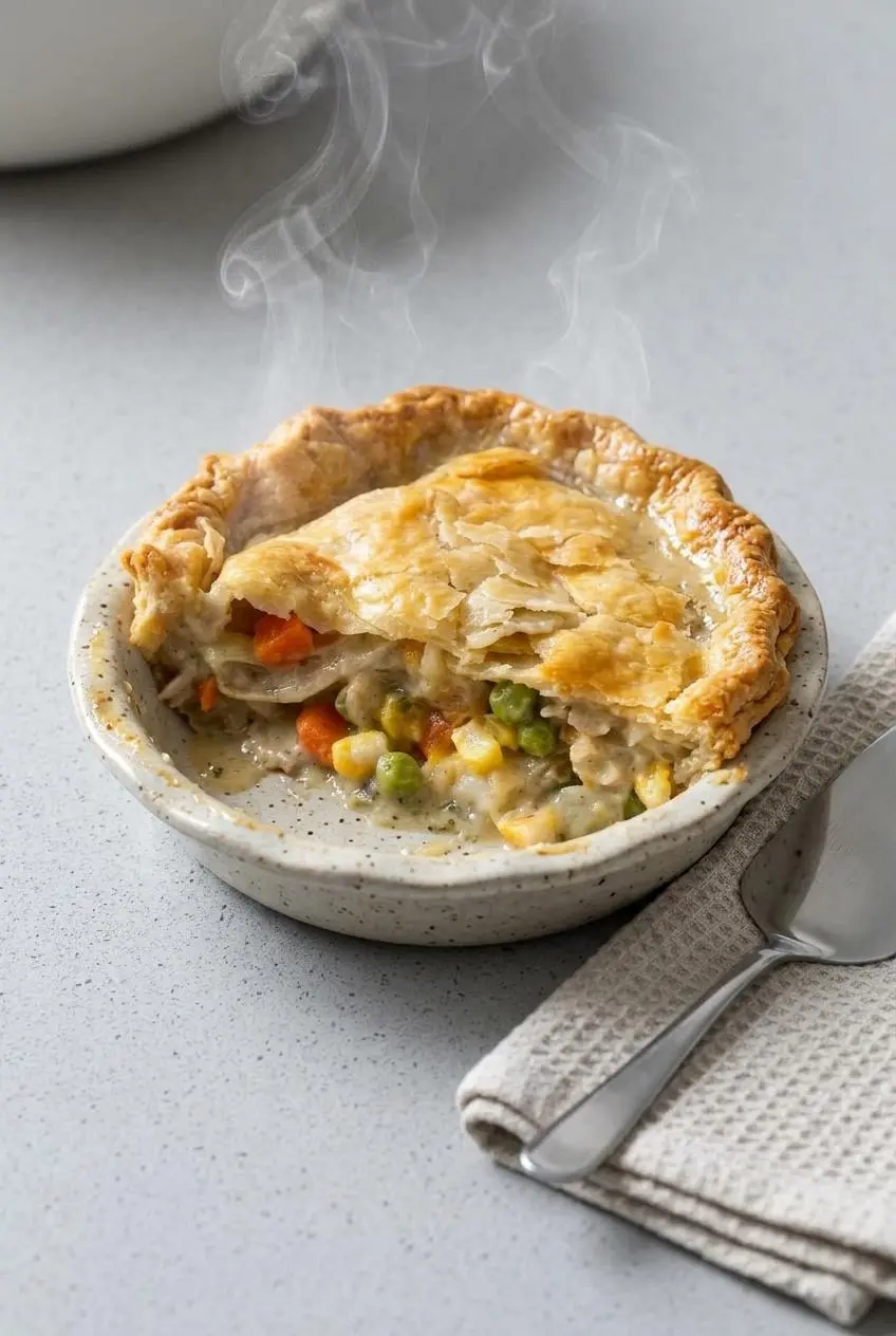 Reheated individual portion of turkey pot pie in a small ceramic dish with a crisp top crust.