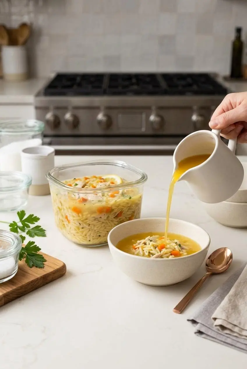 Pouring warm chicken broth into chilled lemon chicken orzo soup in a bowl to loosen the texture during reheating.