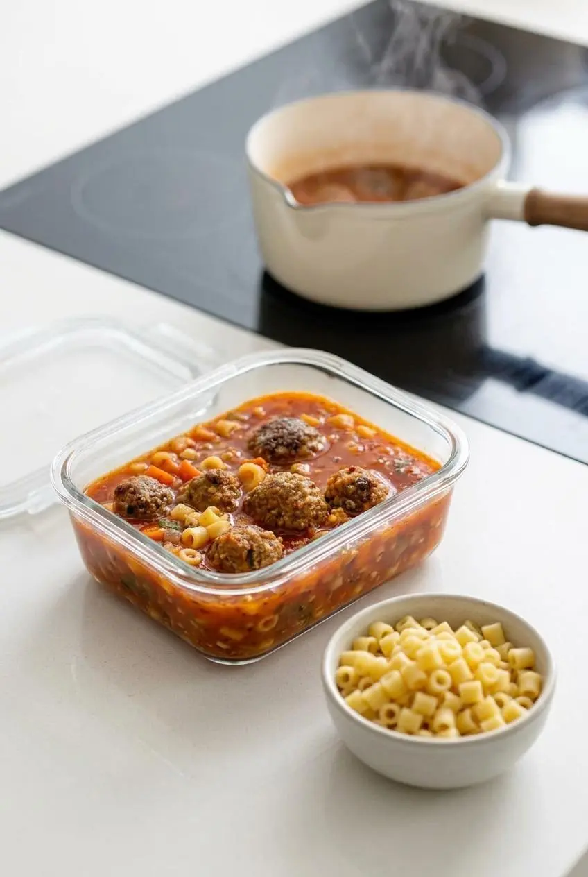 Glass container with meatball soup broth beside a small bowl of cooked ditalini pasta for easy reheating.