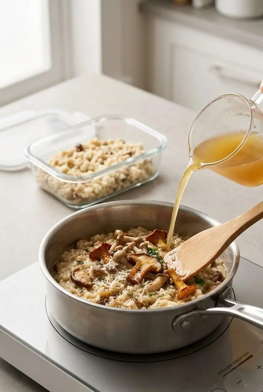 Reheating chilled leftover mushroom risotto in a stainless steel pan by stirring in warm broth with a spatula.
