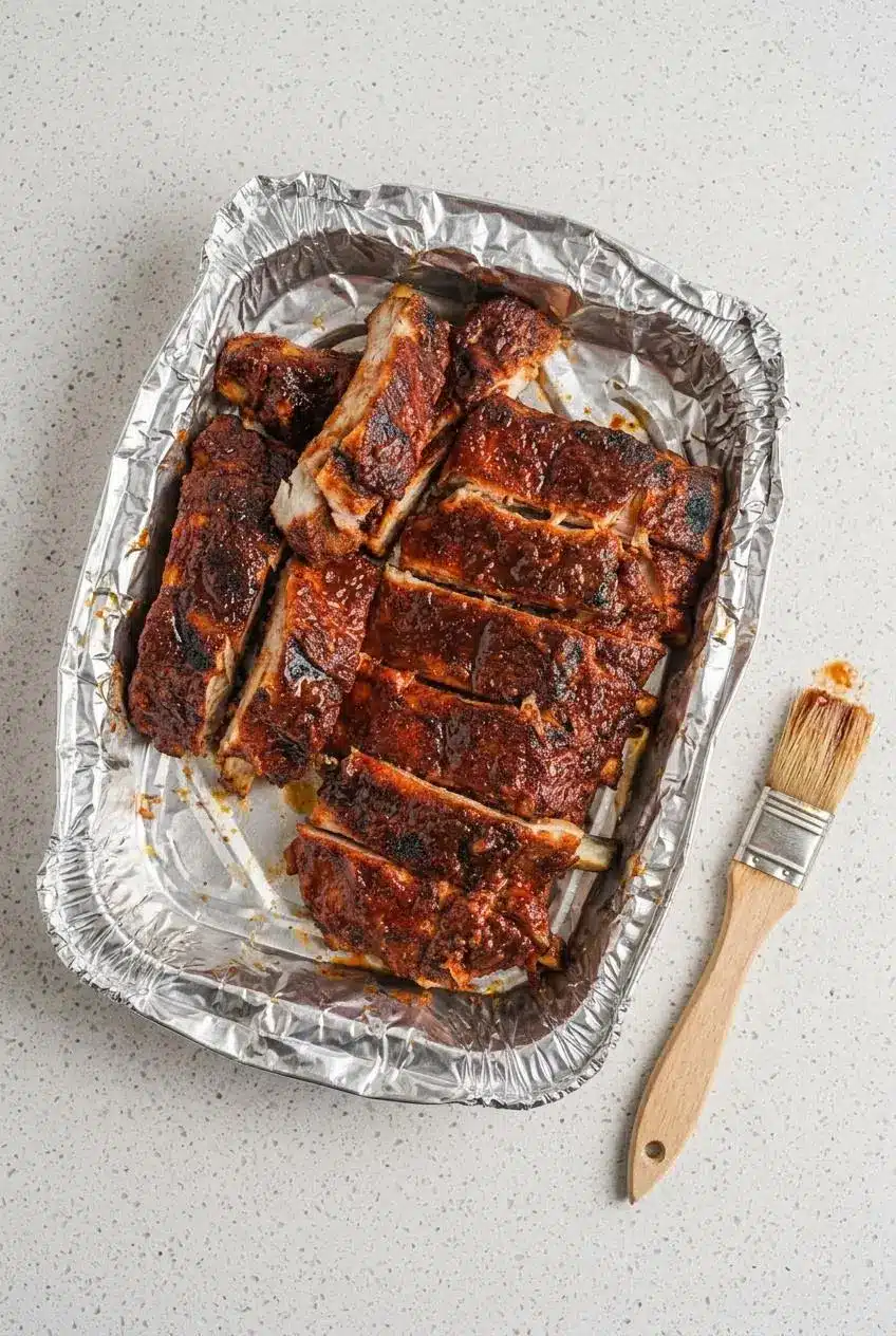 Cooked rib pieces arranged in an aluminum foil packet with barbecue sauce for reheating.