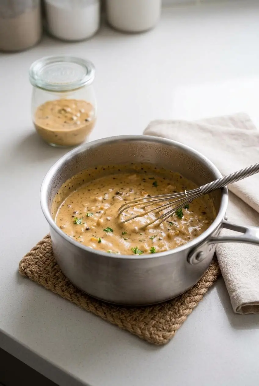 Reheating creamy peppercorn sauce in a small stainless steel saucepan using a wire whisk.
