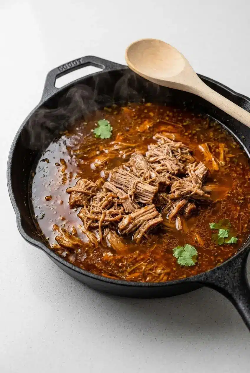 Shredded pulled pork warming gently in savory reddish braising juices inside a cast-iron skillet.