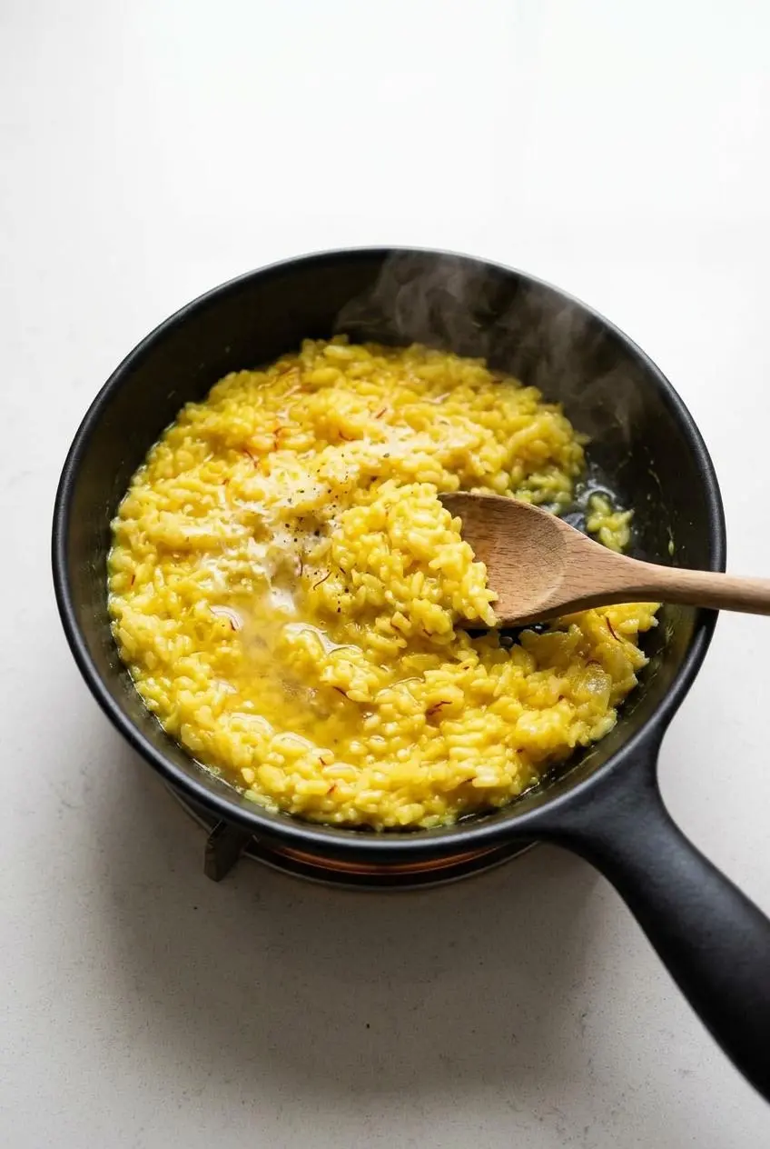 Reheating chilled saffron risotto in a skillet with a splash of warm broth to restore creaminess.