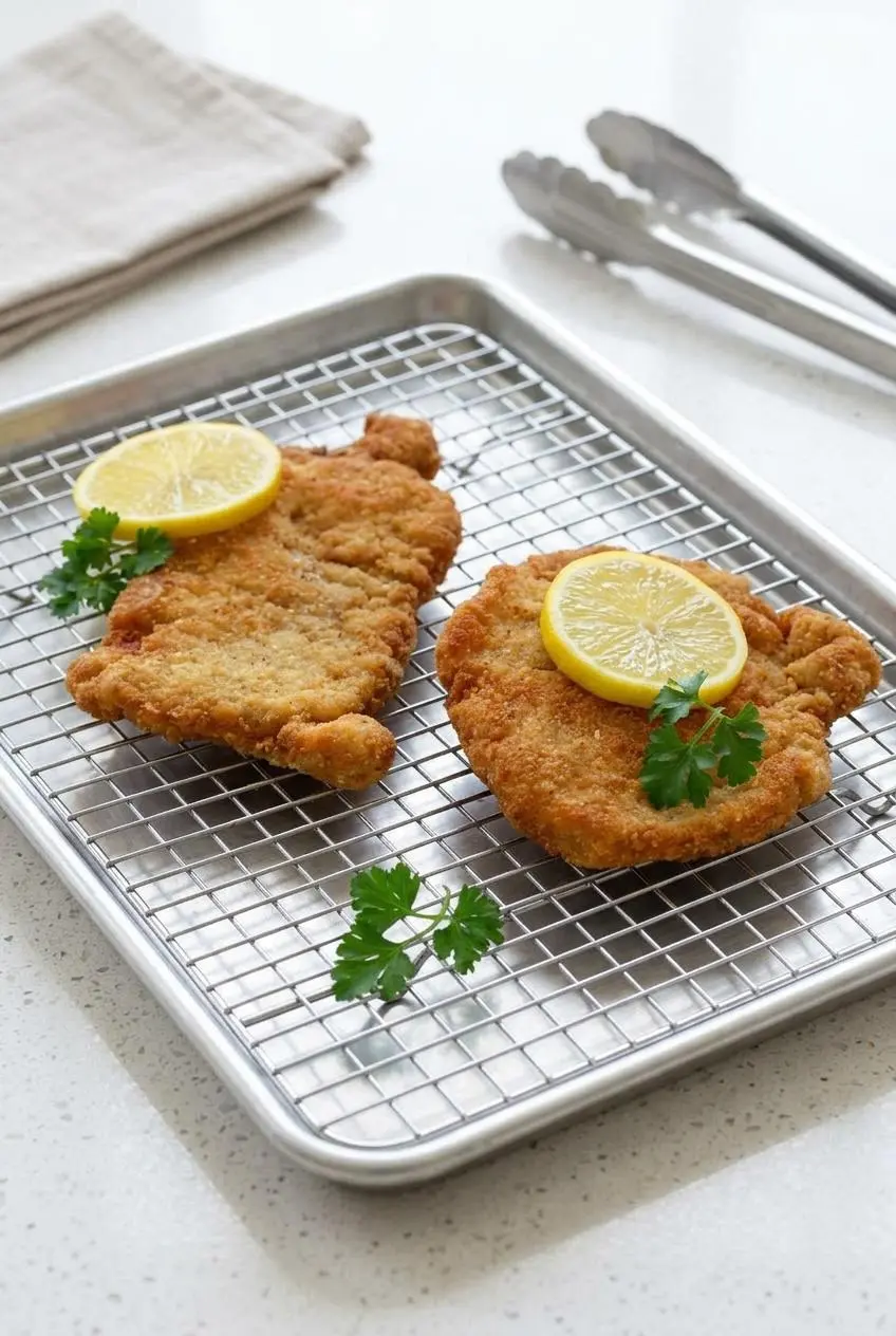 Cooked golden pork schnitzels resting on a wire rack inside a baking sheet to keep the crust crisp.