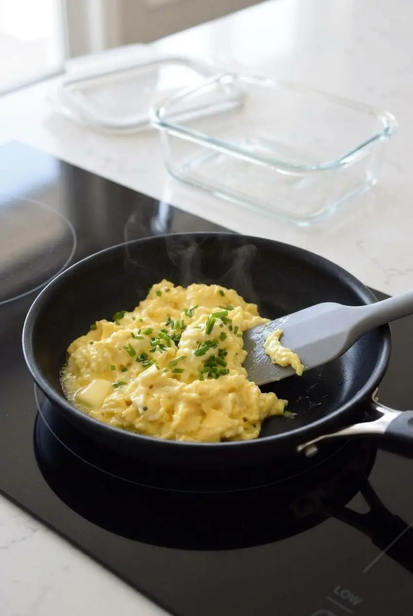 Reheating scrambled eggs gently in a small skillet with a pat of butter to restore moisture.