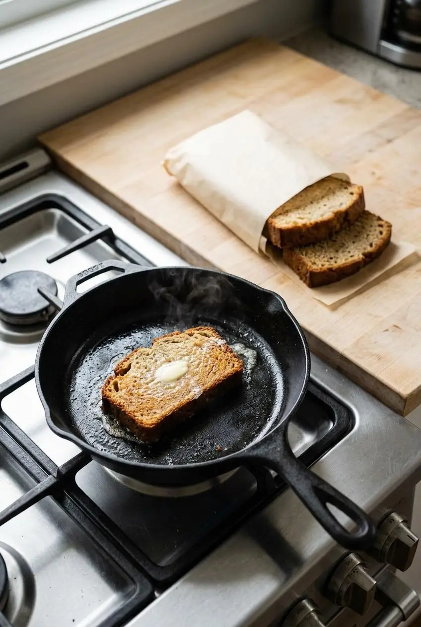 Banana bread slice toasting in a cast-iron skillet beside parchment-wrapped slices for storage.
