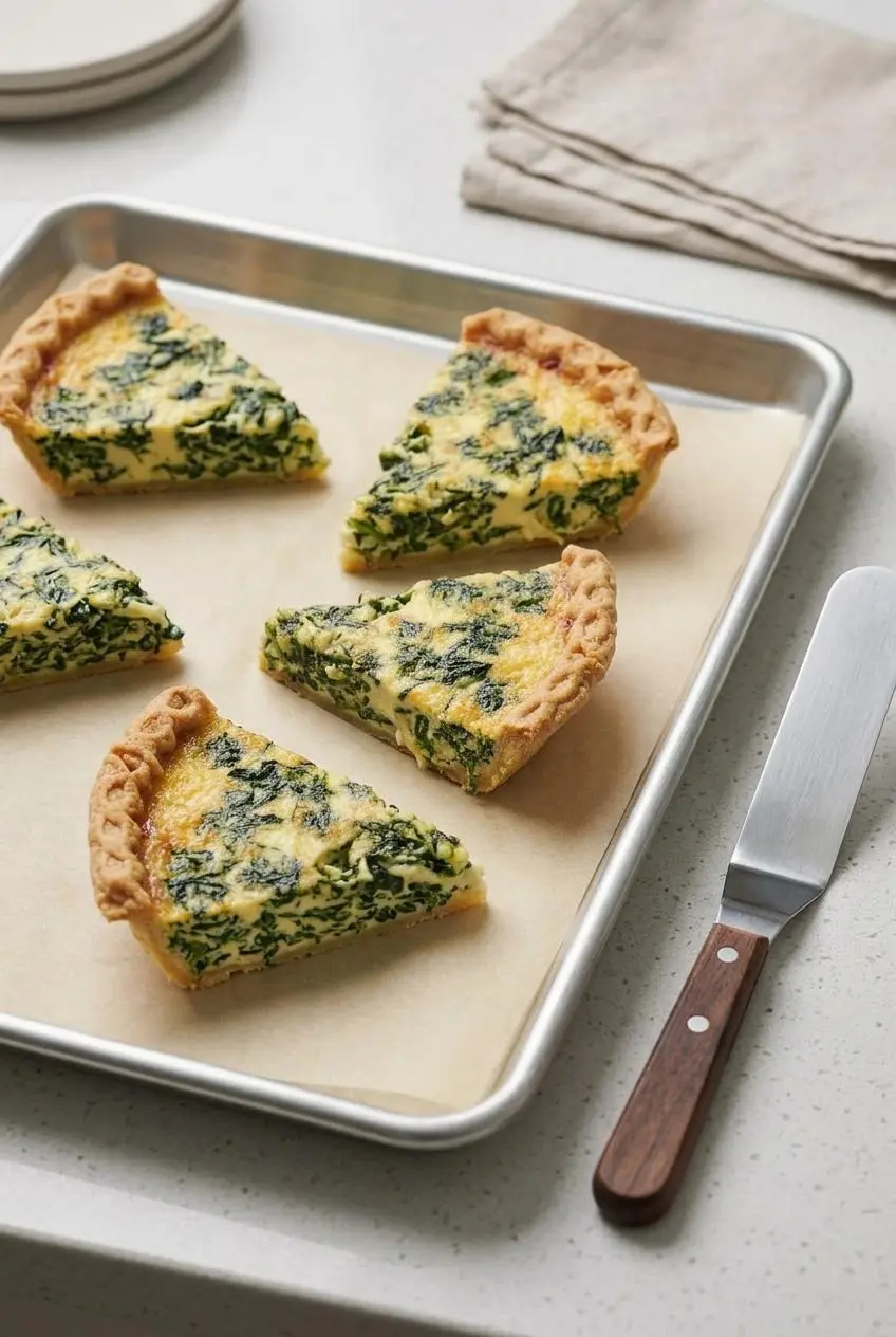 Chilled spinach quiche slices arranged neatly on a parchment-lined baking sheet for oven reheating.