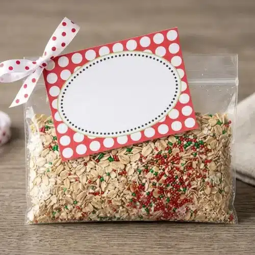 Sparkling reindeer food recipe mix with rolled oats and colorful festive sugar crystals.