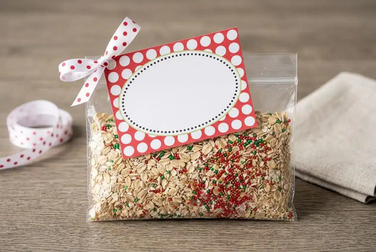 Sparkling reindeer food recipe mix with rolled oats and colorful festive sugar crystals.