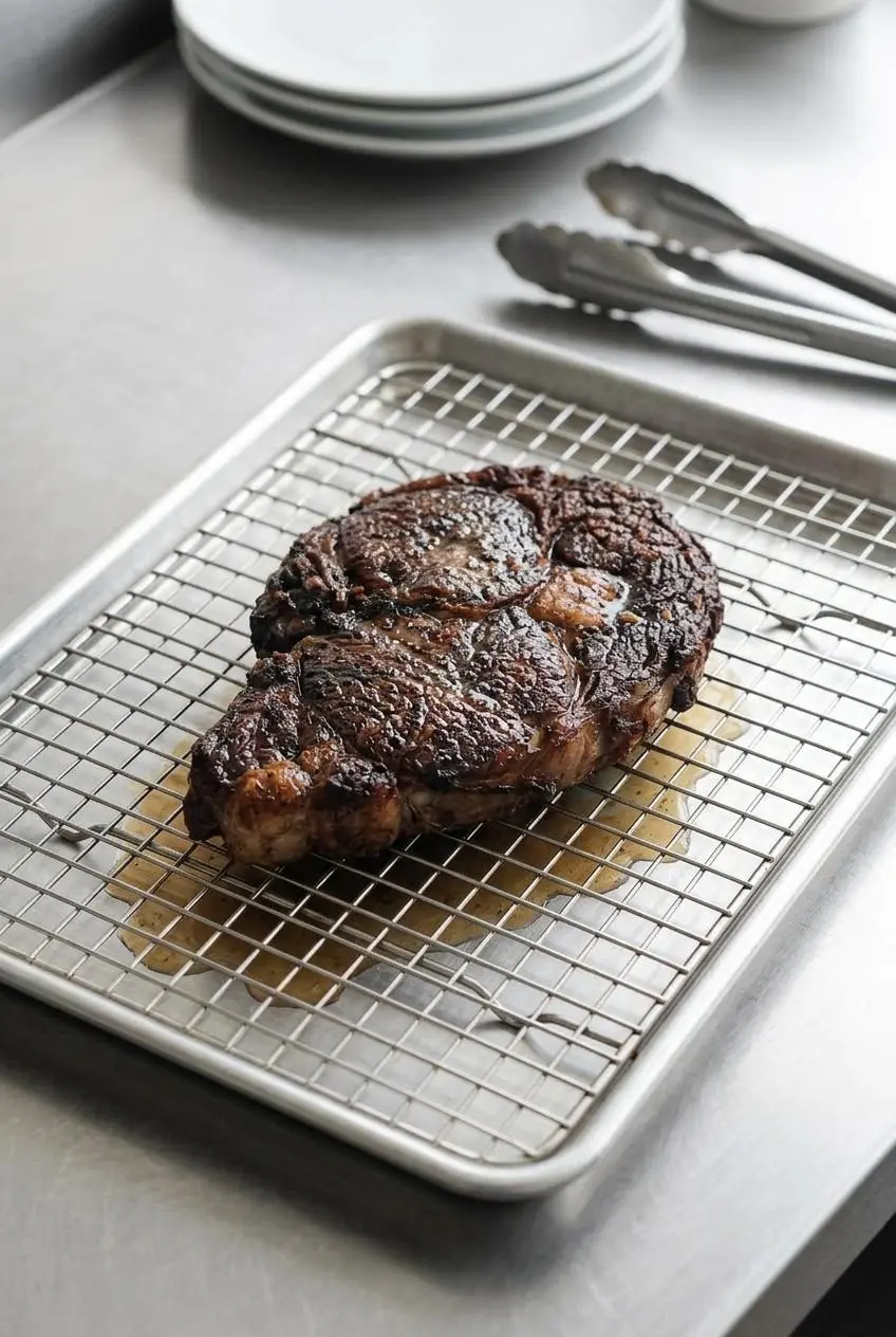 Seared boneless ribeye resting on a wire rack over a baking sheet to preserve the crisp crust.